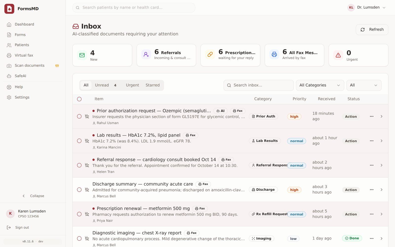 The FormsMD inbox and virtual fax: finished forms, incoming faxes and replies in one list