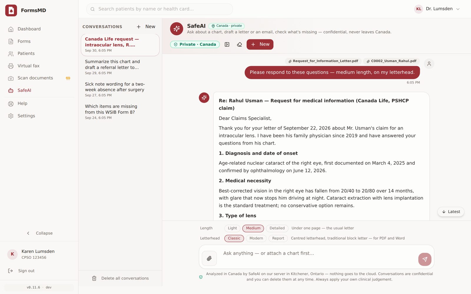 SafeAI answering an insurer's request for medical information from the attached chart, as a letter on the physician's letterhead